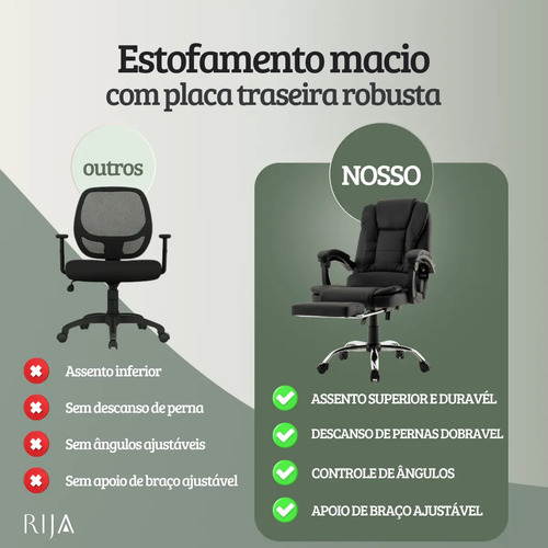 Cadeira De Escritorio Presidente Rija Ajustável Preto Couro Sintético