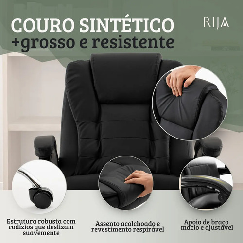 Cadeira De Escritorio Presidente Rija Ajustável Preto Couro Sintético