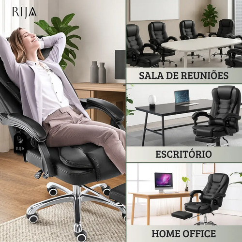 Cadeira De Escritorio Presidente Rija Ajustável Preto Couro Sintético