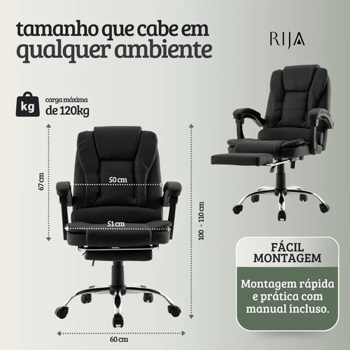 Cadeira De Escritorio Presidente Rija Ajustável Preto Couro Sintético
