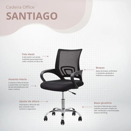 Cadeira de Escritório Rivatti Santiago Base Cromada Ergonômica Preta com Estofado de Mesh