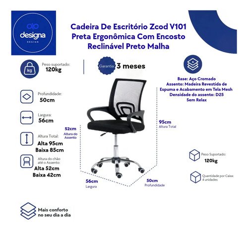Cadeira de Escritório Zcod V101 Preta Ergonômica com Encosto Reclinável