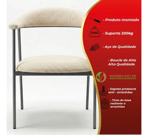 Cadeira De Mesa De Jantar Bouclé Luxuosa Base Ferro Moderna