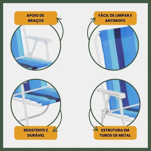 Cadeira De Praia Dobrável Aço Cores Sortidas Resistente Estrutura Reforçada Leve Praia Piscina Camping Lazer Luvinco