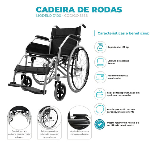 Cadeira De Rodas Dobrável Aço Resistente Desmontável 120kg