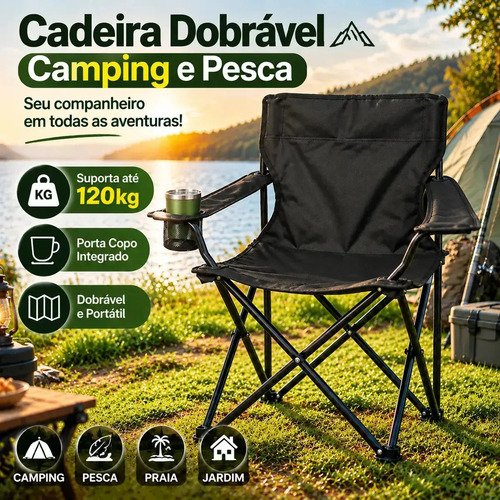 Cadeira dobravel kingdom preta com porta copos e bolsa de tr