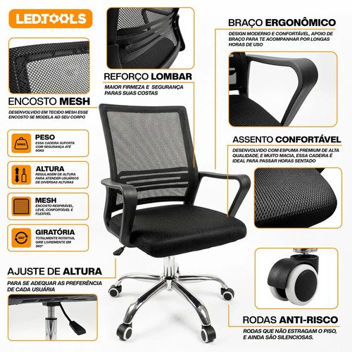 Cadeira Escritorio Confortavel Giratoria Estofado Mesh Altura Regulável Apoio Lombar Home Office Bussines