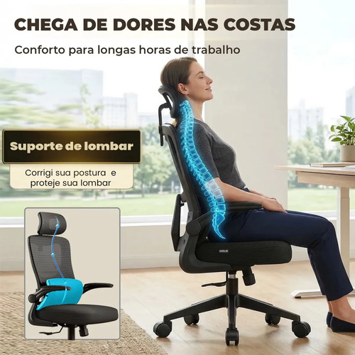 Cadeira Escritório Ergonômica Giratória Ajustável Delin Vertex Preta Em Mesh Com Suporte Lombar