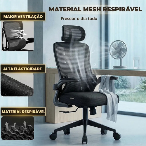 Cadeira Escritório Ergonômica Giratória Ajustável Delin Vertex Preta Em Mesh Com Suporte Lombar