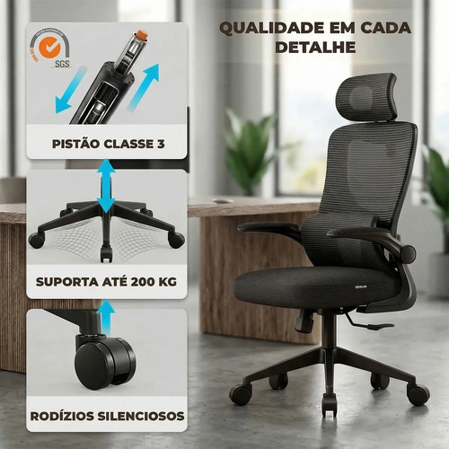 Cadeira Escritório Ergonômica Giratória Ajustável Delin Vertex Preta Em Mesh Com Suporte Lombar