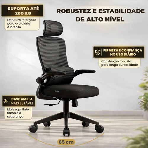 Cadeira Escritório Ergonômica Giratória Ajustável Delin Vertex Preta Em Mesh Com Suporte Lombar