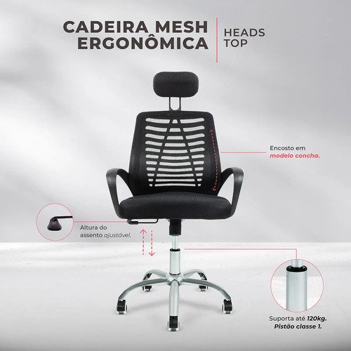 Cadeira Escritório Ergonômica Heads Top Bestchair Cor Preto Material do estofamento Tecido