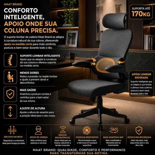 Cadeira Escritório Ergonômica Maat Brand Com Suporte Lombar