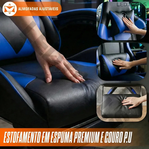 Cadeira Escritório Gamer Ergonômica Reclinável Com Apoio dos Pés Em Couro Azul Led Tools