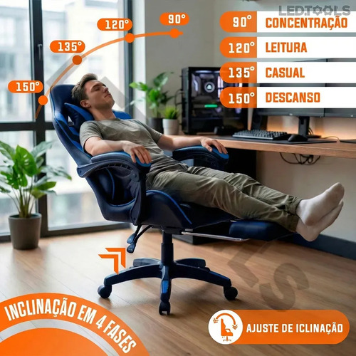 Cadeira Escritório Gamer Ergonômica Reclinável Com Apoio dos Pés Em Couro Azul Led Tools