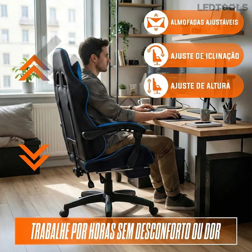 Cadeira Escritório Gamer Ergonômica Reclinável Com Apoio dos Pés Em Couro Azul Led Tools