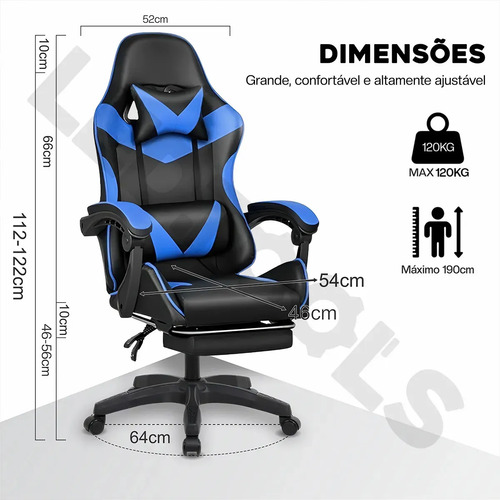 Cadeira Escritório Gamer Ergonômica Reclinável Com Apoio dos Pés Em Couro Azul Led Tools