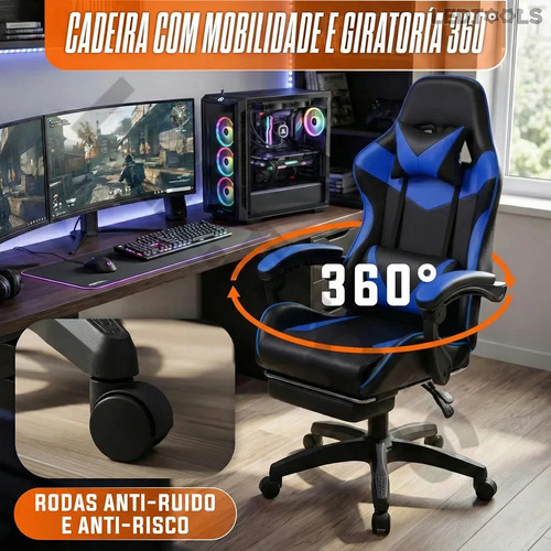 Cadeira Escritório Gamer Ergonômica Reclinável Com Apoio dos Pés Em Couro Azul Led Tools