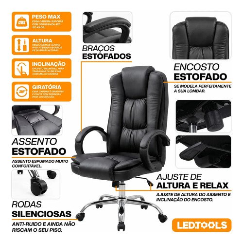 Cadeira escritório presidente ergonômica couro cor preto K Nakasaki