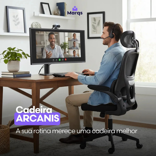 Cadeira Escritório Presidente Ergonômica NR17 Marqs Home Arcanis Preta com Apoio Lombar e Encosto Mesh Premium