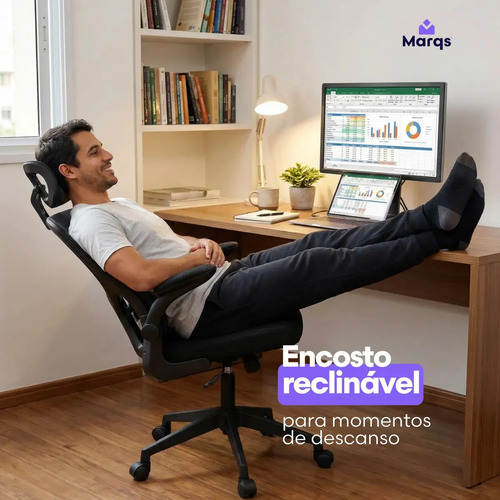 Cadeira Escritório Presidente Ergonômica NR17 Marqs Home Arcanis Preta com Apoio Lombar e Encosto Mesh Premium