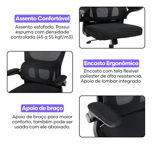 Cadeira Escritório Presidente Ergonômica NR17 Marqs Home Arcanis Preta com Apoio Lombar e Encosto Mesh Premium