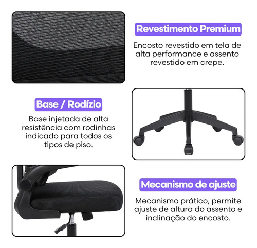 Cadeira Escritório Presidente Ergonômica NR17 Marqs Home Arcanis Preta com Apoio Lombar e Encosto Mesh Premium