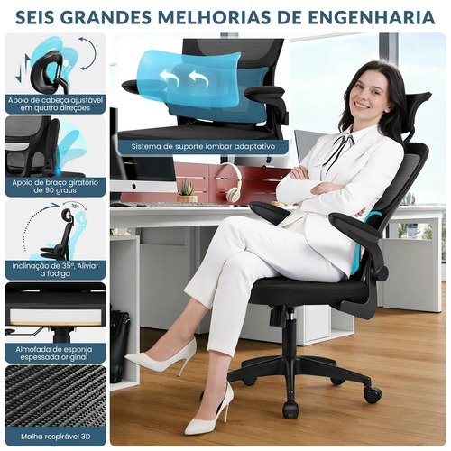 Cadeira Escritório Presidente Ergonômica Preta Giratória 360 Graus Tecido Mesh Premium Suporte Lombar Apoio Cabeça Assento Ampliado Regulagem Altura Home Office Sweet Studio