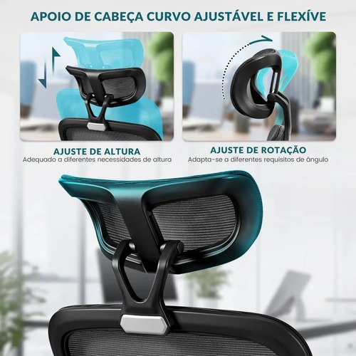 Cadeira Escritório Presidente Ergonômica Preta Giratória 360 Graus Tecido Mesh Premium Suporte Lombar Apoio Cabeça Assento Ampliado Regulagem Altura Home Office Sweet Studio