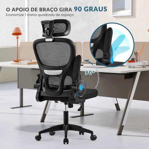 Cadeira Escritório Presidente Ergonômica Preta Giratória 360 Graus Tecido Mesh Premium Suporte Lombar Apoio Cabeça Assento Ampliado Regulagem Altura Home Office Sweet Studio