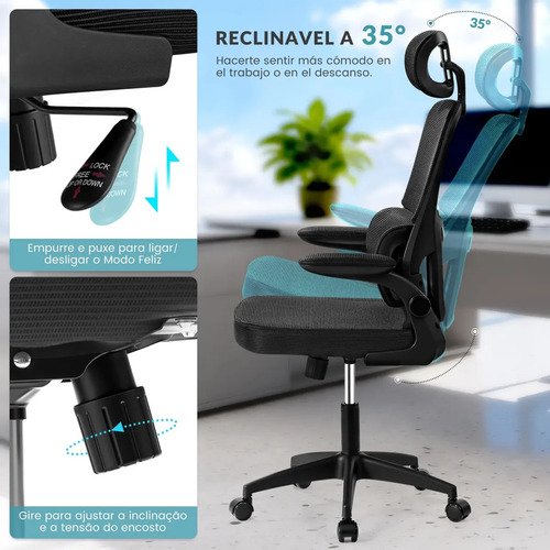 Cadeira Escritório Presidente Ergonômica Preta Giratória 360 Graus Tecido Mesh Premium Suporte Lombar Apoio Cabeça Assento Ampliado Regulagem Altura Home Office Sweet Studio