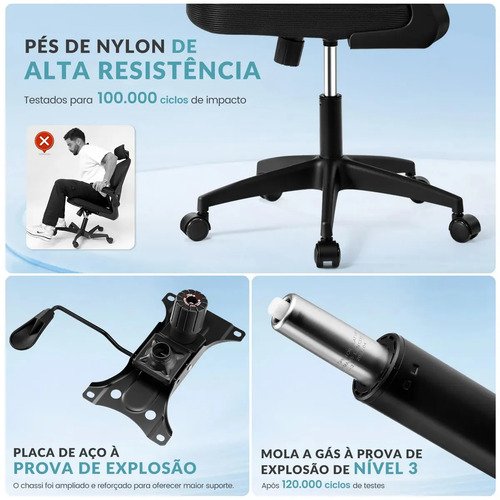 Cadeira Escritório Presidente Ergonômica Preta Giratória 360 Graus Tecido Mesh Premium Suporte Lombar Apoio Cabeça Assento Ampliado Regulagem Altura Home Office Sweet Studio