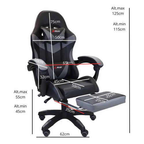 Cadeira Gamer Ergonomica Elidy X-Ray Preto Branca Reclinável