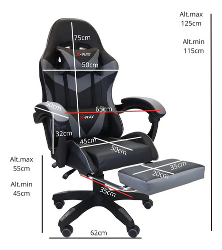 Cadeira Gamer Ergonomica Elidy X-Ray Preto Branca Reclinável