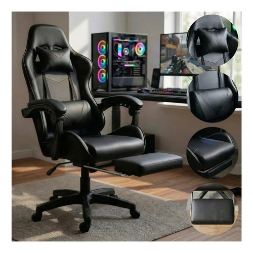 Cadeira gamer ergonomica preta reclinavel com apoio dos pes 1