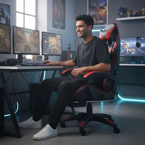 Cadeira Gamer Reclinável Ergonômica Com Apoio Para Pés e Cabeça de Couro Sintético Vermelho Sweet Studio