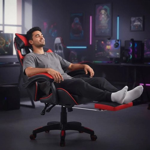 Cadeira Gamer Reclinável Ergonômica Com Apoio Para Pés e Cabeça de Couro Sintético Vermelho Sweet Studio