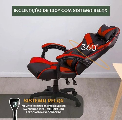 Cadeira Gamer Reclinável Ergonômica Com Apoio Para Pés e Cabeça de Couro Sintético Vermelho Sweet Studio
