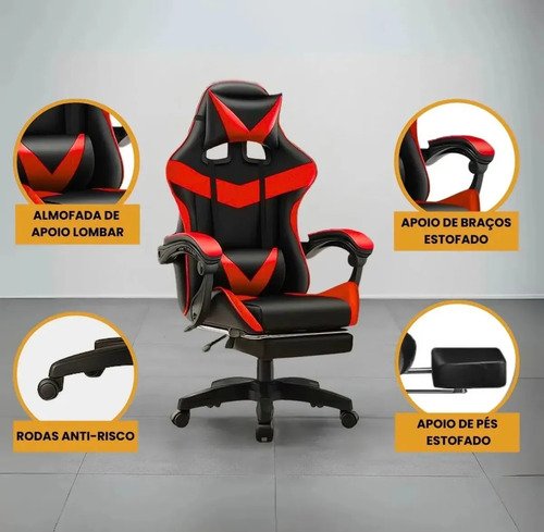 Cadeira Gamer Reclinável Ergonômica Com Apoio Para Pés e Cabeça de Couro Sintético Vermelho Sweet Studio