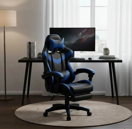 Cadeira Gamer Sweet Studio Ergonômica Reclinável em Couro Sintético Azul com Apoio de Pés