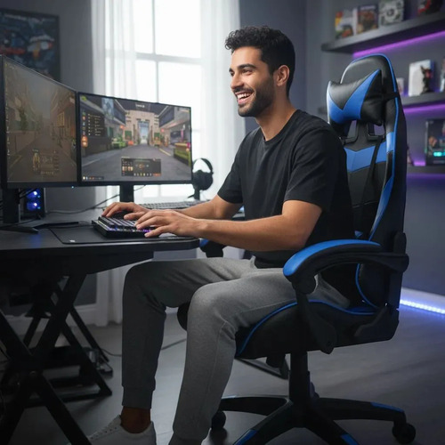 Cadeira Gamer Sweet Studio Ergonômica Reclinável em Couro Sintético Azul com Apoio de Pés