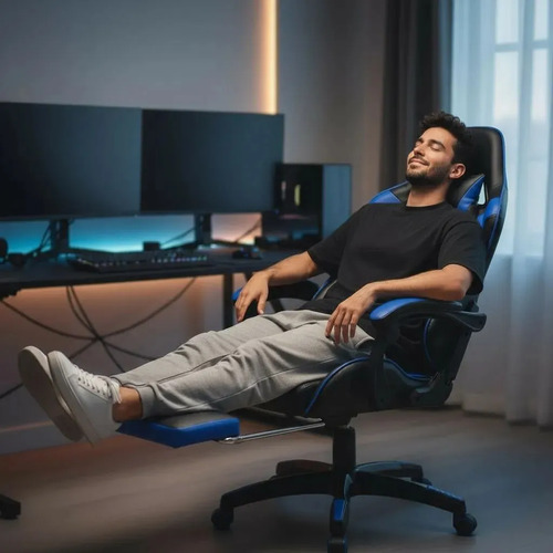 Cadeira Gamer Sweet Studio Ergonômica Reclinável em Couro Sintético Azul com Apoio de Pés