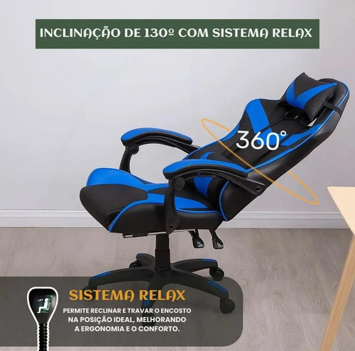 Cadeira Gamer Sweet Studio Ergonômica Reclinável em Couro Sintético Azul com Apoio de Pés