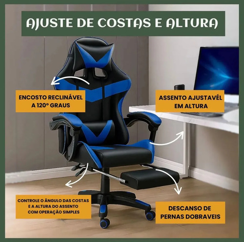 Cadeira Gamer Sweet Studio Ergonômica Reclinável em Couro Sintético Azul com Apoio de Pés