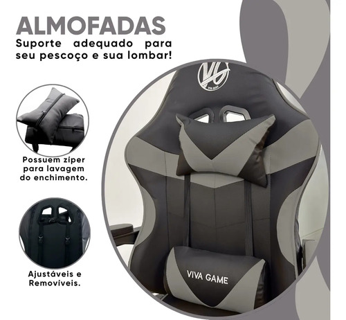 Cadeira Gamer Viva Game DUO Apoio para Pés Couro Sintético Preto Cinza