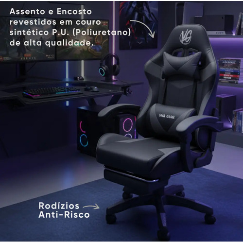 Cadeira Gamer Viva Game DUO Apoio para Pés Couro Sintético Preto Cinza