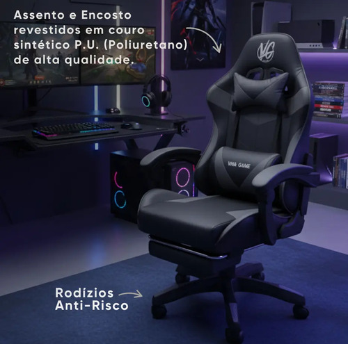 Cadeira Gamer Viva Game DUO Apoio para Pés Couro Sintético Preto Cinza