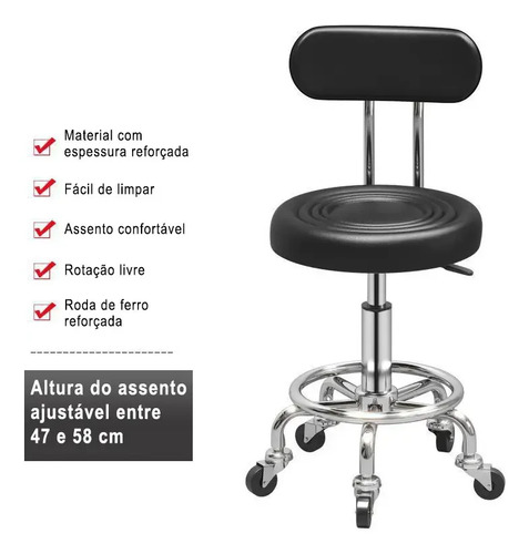 Cadeira Mocho Giratória :ideal Para Tatu Estúdios&beleza Preto Couro Sintético