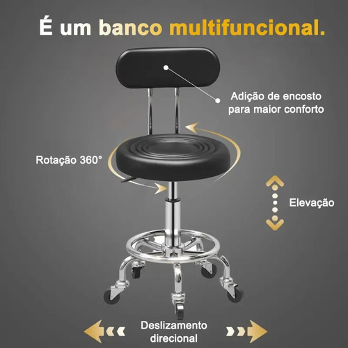 Cadeira Mocho Giratória :ideal Para Tatu Estúdios&beleza Preto Couro Sintético