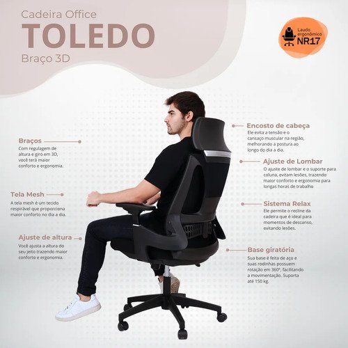 Cadeira Presidente Ergonômica Certificada Nr17 Toledo Preto Mesh